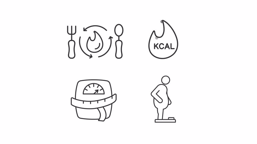 Weight loss line animation library. Animated icons related to dieting and healthy lifestyle. Weight management. Black illustrations on white background. HD video with alpha channel. Motion graphic