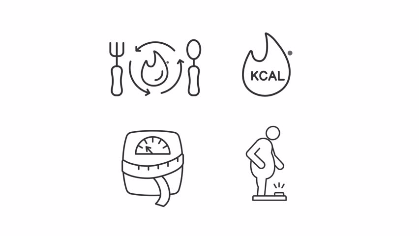Weight loss line animation library. Animated icons related to dieting and healthy lifestyle. Weight management. Black illustrations on white background. HD video with alpha channel. Motion graphic