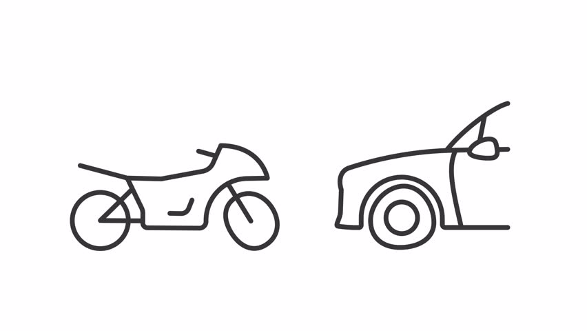 Animated accident icon. Car collision with motorcycle line animation. Road accident involving different vehicles. Black illustration on white background. HD video with alpha channel. Motion graphic