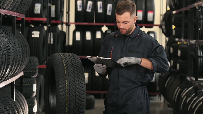 On the shelve, taking the tire. Man worker is maintenance station with tires, wheels.