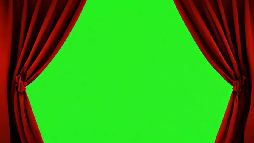 Dark Red Velvet Curtains Green Screen Background Opening 3d animation. Theater show start transition intro. Isolated with chroma key. Mock up for presentation. Satin stage drapes on chromakey overlay.