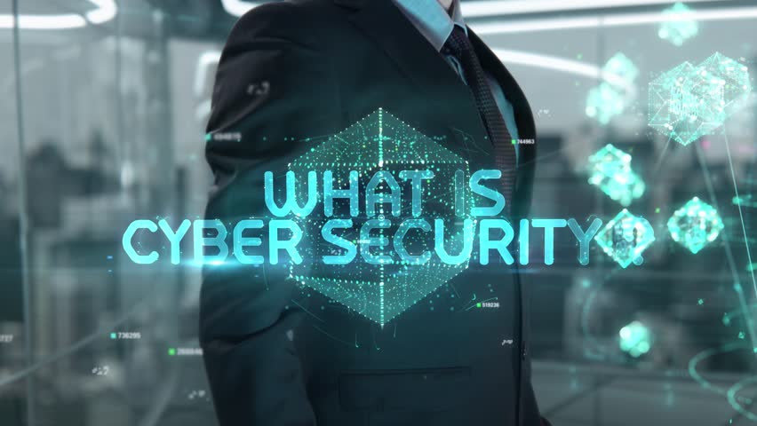 what is cyber security- businessman working with virtual reality at office.