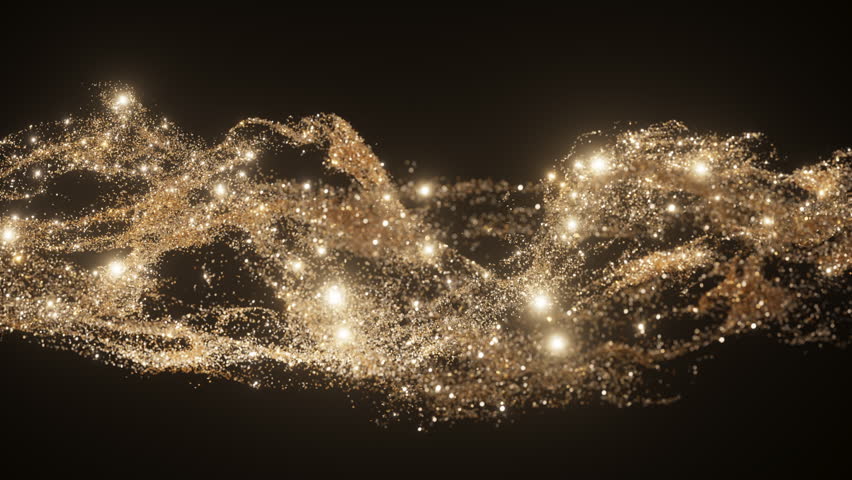 Abstract gold shimmering, dynamic golden particles suspended in mid-air on a dark background. The intricate display creates a sense of movement, light, and luxury, 3D animation. 