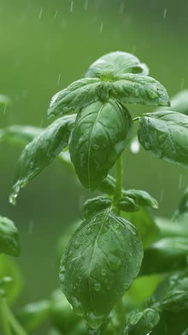 Vertical of fresh green herbs in rainy weather