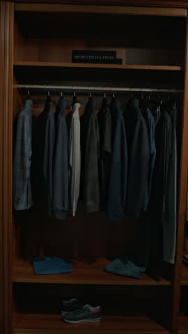Vertical shot of male customer examining clothes hanging on rack in wooden closet while visiting menswear shop