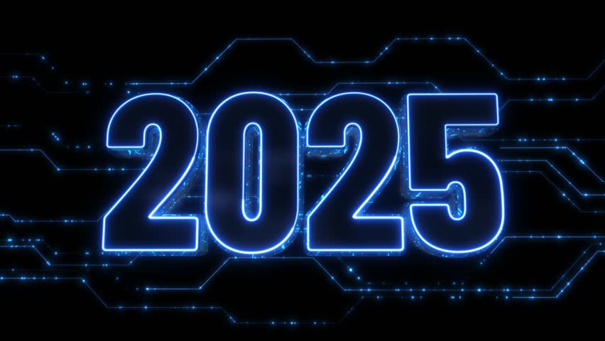 Digital Data moving on Circuit Board and CPU in form of 2025 new year digits. Abstract high tech Artificial intelligence (AI), data mining, modern computer technology surface. Cyber new year congrats - Powered by Shutterstock - Get 15% off with code: PIKWIZARD15