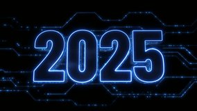 Digital Data moving on Circuit Board and CPU in form of 2025 new year digits. Abstract high tech Artificial intelligence (AI), data mining, modern computer technology surface. Cyber new year congrats - Powered by Shutterstock - Get 15% off with code: PIKWIZARD15