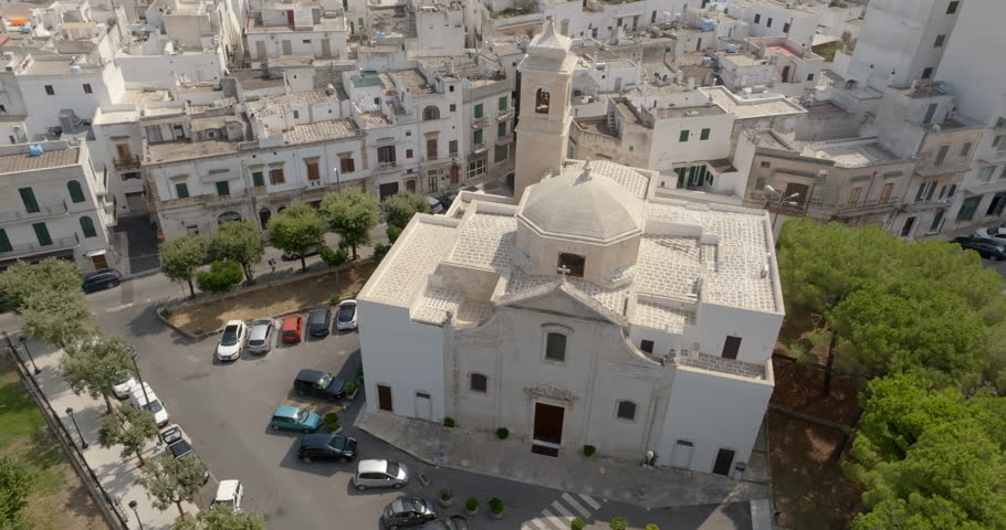 Aerial view of the Madonna delle Grazie (Our Lady of Grace) church located near the municipal park in Ostuni in the province of Brindisi, in Puglia, Italy. 
