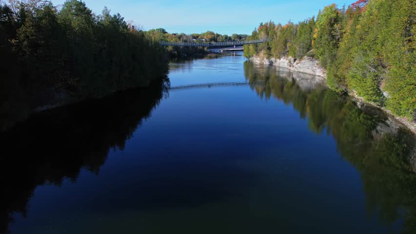Ranney Gorge Suspension Bridge in Campbellford, part of the Great Trail. Longest recreational trail in the world. Trent River below and Ranney Falls to the north. Ferris Provincial Park Entrance.
