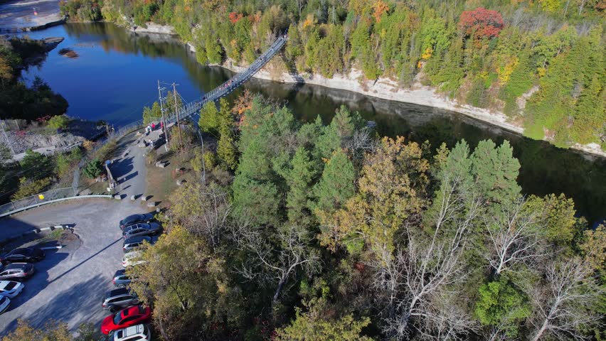 Ranney Gorge Suspension Bridge in Campbellford, part of the Great Trail. Longest recreational trail in the world. Trent River below and Ranney Falls to the north. Ferris Provincial Park Entrance.
