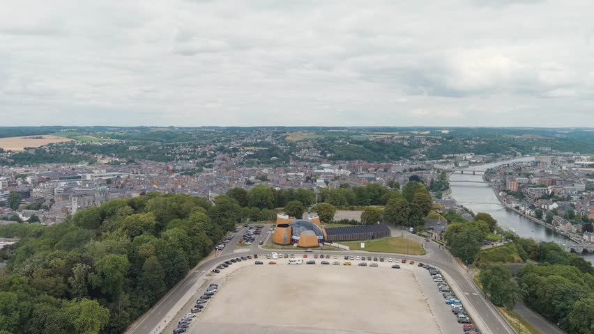 Namur, Belgium. Panorama of the central part of the city. River Meuse. Summer day. Stable, Aerial View