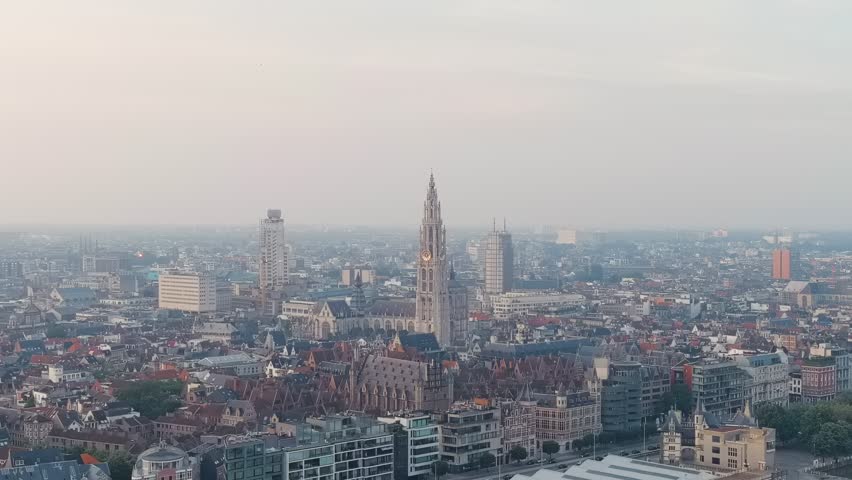 Dolly zoom. Antwerp, Belgium. Panorama overlooking the Cathedral of Our Lady (Antwerp). Historical center of Antwerp. City is located on the river Scheldt (Escaut). Summer morning, Aerial View