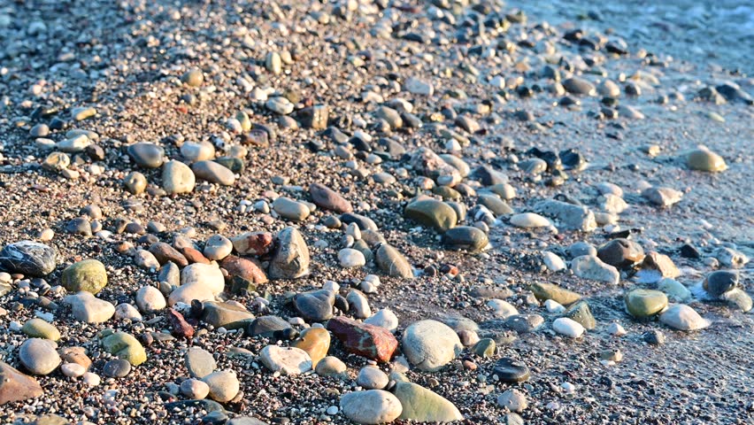 Pebbles of different sizes form a dense sunlit beach surface, offering a tactile coastal background and organic pattern.