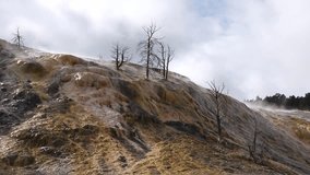 Witness the breathtaking beauty of Mammoth Hot Springs' geothermal terraces, showcasing vibrant mineral deposits and steam rising from the earth under a cloudy sky. - Powered by Shutterstock - Get 15% off with code: PIKWIZARD15