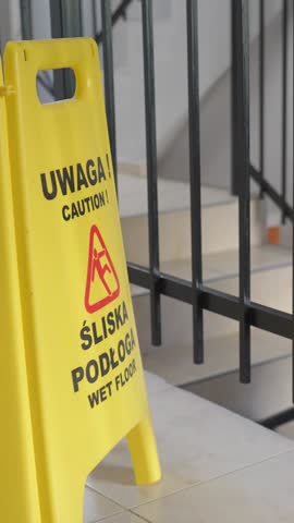 Middle-aged male cleaning up in the stairwell of the hotel with a vacuum cleaner. Commercial cleaning company on hotel business. In the foreground, a 'Caution, wet floor' sign in Polish