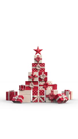 Zoom out of Christmas gift boxes popping up and forming a stack of presents in an abstract christmas tree shape with star on top. Red version. Animated Christmas Greeting Card. White background.