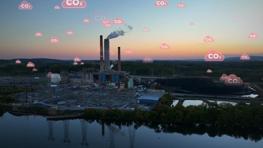 Industrial power plant emitting CO₂ at sunset, next to a calm river and surrounded by greenery, silhouetted against a fading sky. Aerial perspective with pollution indicators.