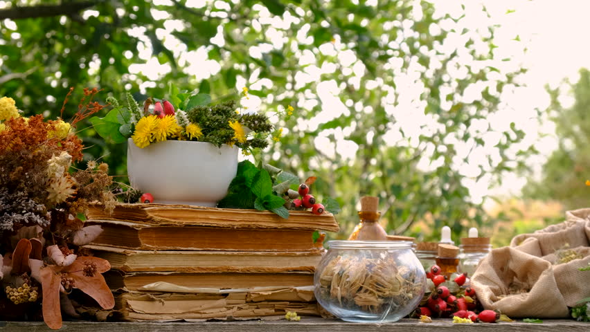 Medicinal herbs and flowers homeopathy selective focus.