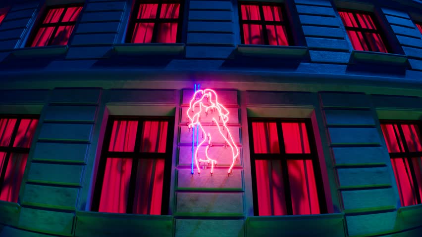 Dark female dancer silhouettes at the red windows. Men