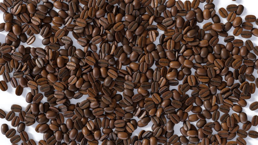 Top view of sweep roasted coffee beans to place text or logo. On white background. 3d animation render4K.
