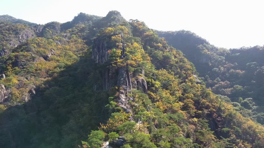 Aerial view video of the staircase leading up to Jebibong Mountain during the autumn season, South Korea.