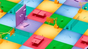 An animation with colorful sports competitions. Indoors and outdoors set of leisure activity. Competitive sports with tennis, baseball, basketball, hockey, table tennis, and skateboarding. 3D render. - Powered by Shutterstock - Get 15% off with code: PIKWIZARD15