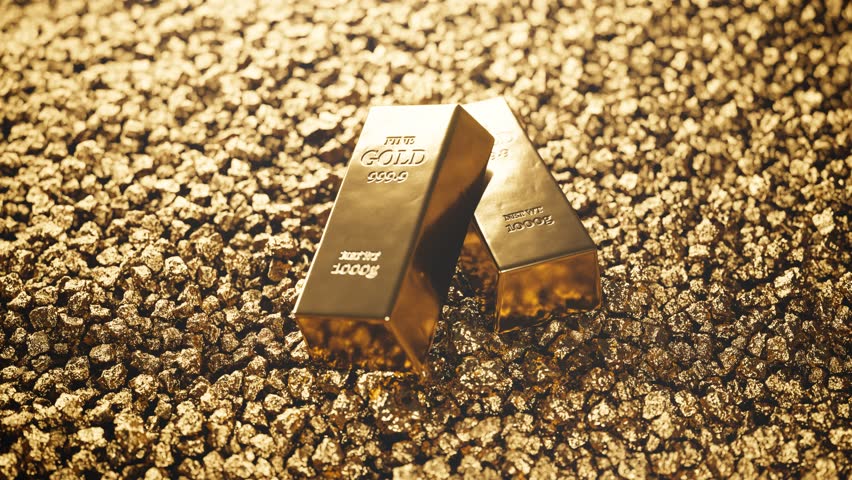 Financial concept. Two shiny gold bars on a pile of gold pieces. Expensive noble metal. Golden nuggets. Symbol of wealth. Precious treasure. Concept of investing capital, banking purpose. Render CGI.