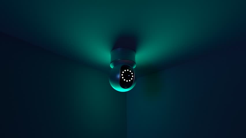 Smart camera is monitoring the interior. Detects motion and focuses on the moving objects. A wireless device with online access to various settings and presets. An element of the smart home system.
