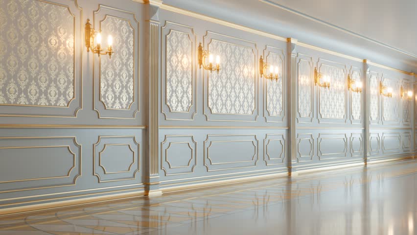Beautiful white baroque interior with gold decor. Seamless, endless looping animation of a bright classical corridor. Shiny marble floor and golden wallpaper with ornaments. Royal interior.