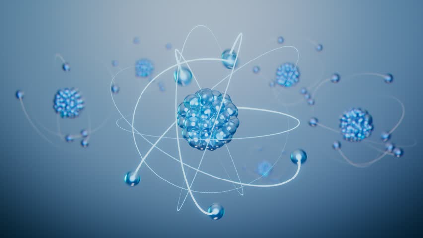 Abstract, futuristic animation of molecular structure. Concept of glowing bright atom with electrons spheres on the paths covered with dust particles. Perfect for education purposes. 3D render. 4k.