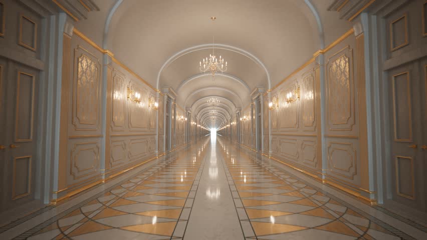 Beautiful black baroque corridor with gold decor. Seamless, endless looping animation of a dark classical corridor. Shiny marble floor and golden wallpaper with ornaments. Royal interior.