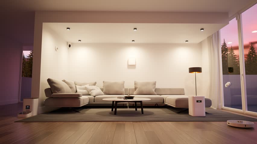 Concept of the smart home. Animation of central HUB with flashing light beams connected to many smart devices. Vacuum cleaner, camera, or pet feeder managed by smart home system via WIFI. Render 4K.