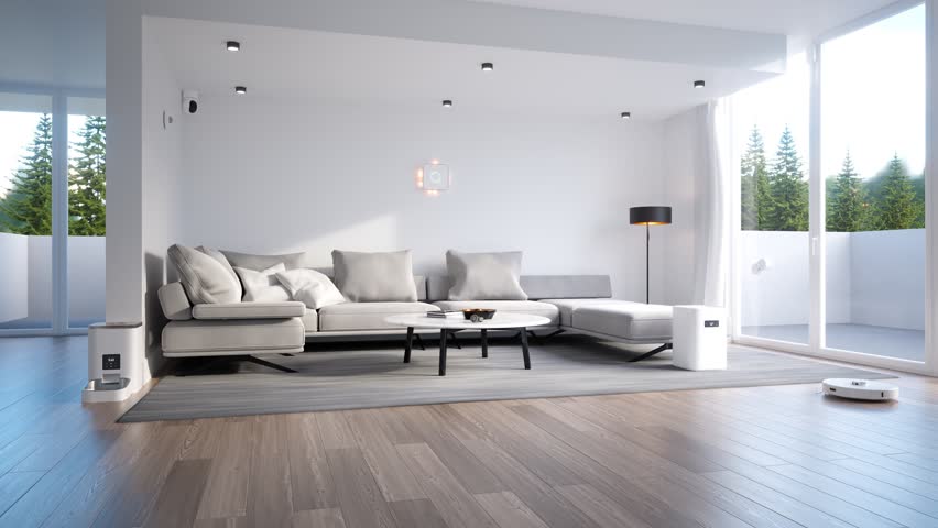 Concept of the smart home. Animation of central HUB with flashing light beams connected to many smart devices. Vacuum cleaner, camera, or pet feeder managed by smart home system via WIFI. Render 4K.