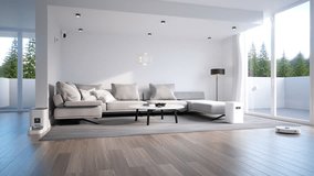 Concept of the smart home. Animation of central HUB with flashing light beams connected to many smart devices. Vacuum cleaner, camera, or pet feeder managed by smart home system via WIFI. Render 4K. - Powered by Shutterstock - Get 15% off with code: PIKWIZARD15