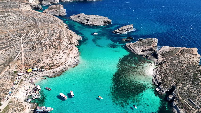 Drone footage of Blue Lagoon on Comino Island, Malta