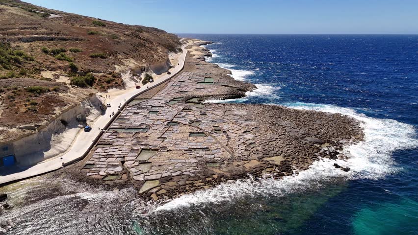 Aerial shot of Xwejni Salt Pans on Gozo Island, Malta