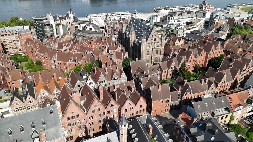 Aerial footage of Antwerp city architecture, Belgium