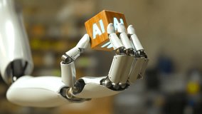 A white, shiny metallic robotic arm holds a wooden cube with an AI icon. Modern technology managing the human home. The artificial intelligence controls smart home devices. Render CGI. 4K. - Powered by Shutterstock - Get 15% off with code: PIKWIZARD15