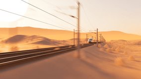 A modern bullet train blazes across sandy desert dunes, with the camera following its fast movement as it passes by dry bushes and towering dunes. 4k HD - Powered by Shutterstock - Get 15% off with code: PIKWIZARD15