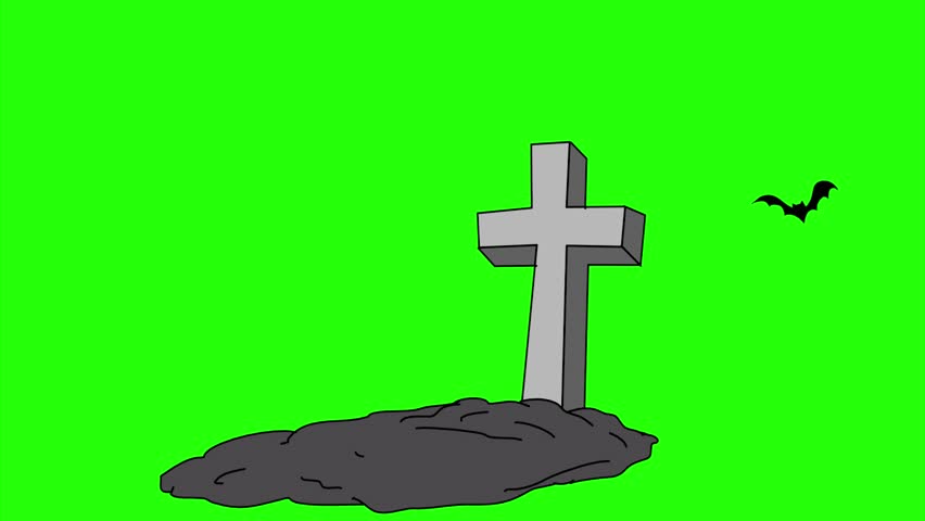 Zombie rise from grave with bats flying behind on green screen
