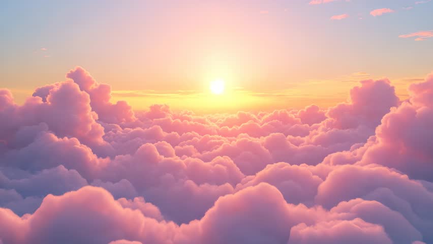 Aerial view from airplane above clouds with bright Sun.