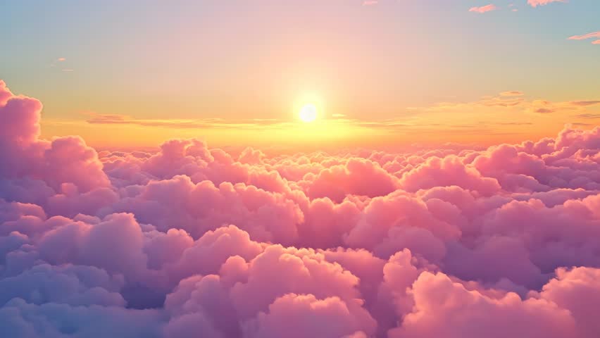 Aerial view from airplane above clouds with bright Sun.