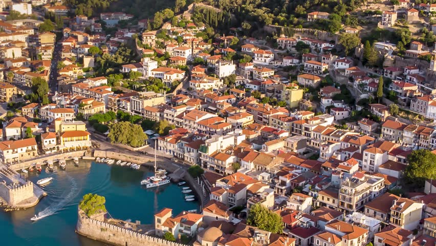 Nafpaktos City Greece, Aerial Landscape Animation, Panoramic View of Old City and Port, Morning Lighting