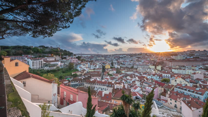 Panorama showing aerial cityscape during sunset from Miradouro da Graca viewpoint in Lisbon city. Dramatic orange clouds over historic houses with red roofs at evening. Recently opened new funicular