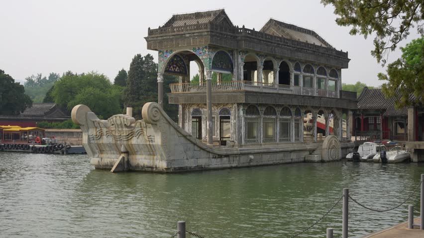 Ancient Marble Boat sculpture from Qing dynasty at Summer Palace lake in Beijing, China
