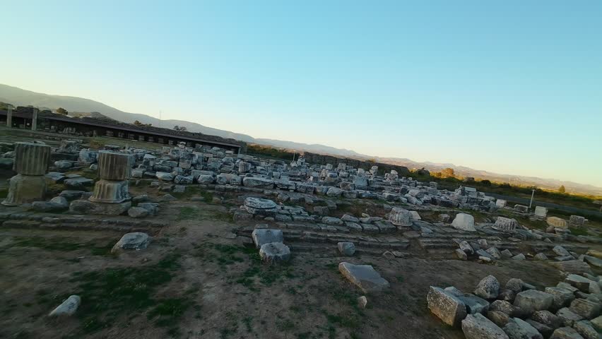 Aerial view of Magnesia Ancient City ruins on Maeander, an ancient Greek city in Ionia. Historical heritage ruins from past to present. Aydin, Turkey.