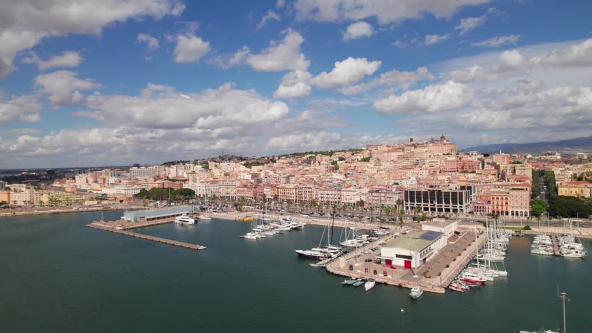 Cagliari marina; Sardinia, Italy. 4K aerial view along waterfront.