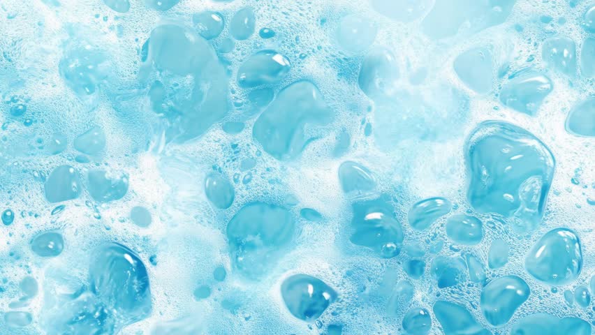 Soap foam moving in blue shower gel background. Shampoo bubbles rotating. Texture of soap foam bubbles. seamless looping
