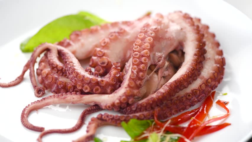Octopus serving with vegetables, sea food. Freshly boiled octopus on a white plate rotating, Mediterranean cuisine, dinner. Macro shot of gourmet food. 