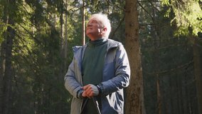 Senior grey haired man walks with sticks in green forest during sunny day. Older cheerful grandfather enjoy retirement and cares his health by Nordic walking. Elderly pension admires nature strolling - Powered by Shutterstock - Get 15% off with code: PIKWIZARD15